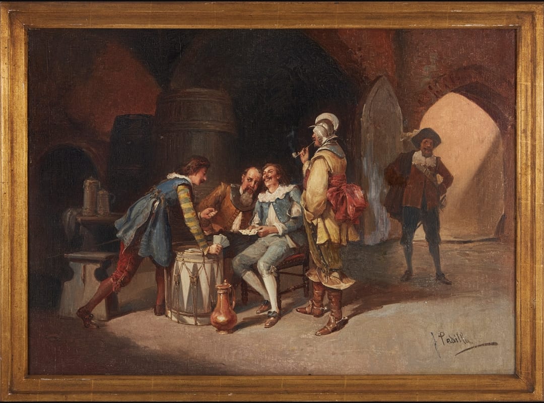 JUAN PADILLA Y LARA (SPA, 1906-1980) Óleo sobre lienzo Jugador de cartas en bodega, óleo sobre lienzo 49cm x 68cm