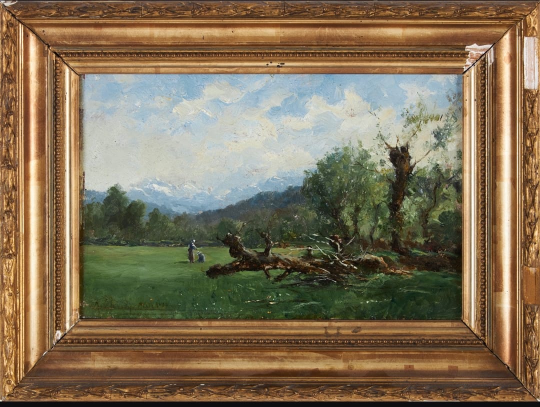 AGUSTÍN LHARDY Y GARRIGUES (1848-1918) Paisaje con árbol caído, óleo sobre tabla de madera firmado y enmarcado 19cm x 29cm sin marco y 28cm x 38cm con marco