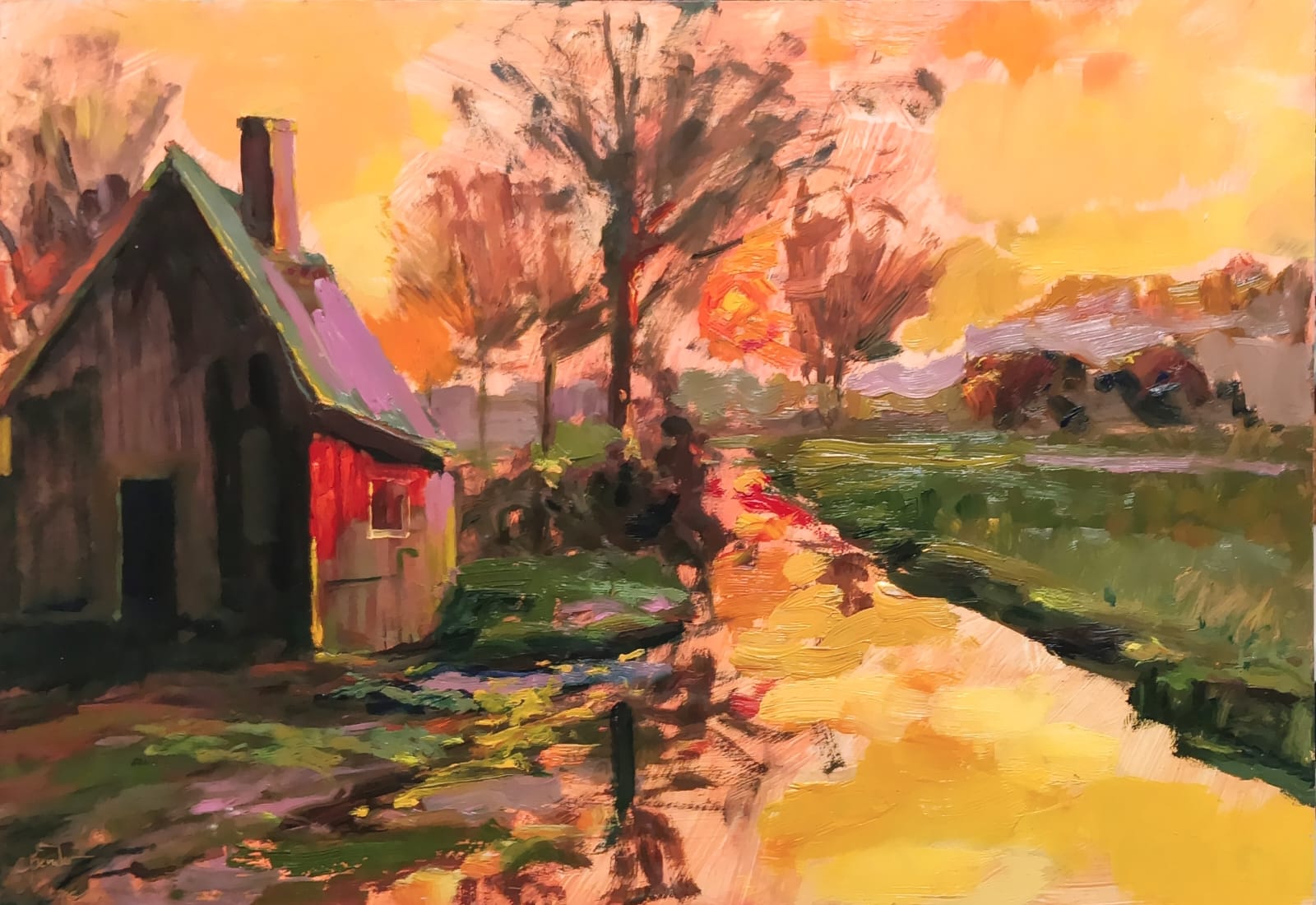 Paisaje Con Cabaña Óleo Tablex 30cm x 43cm