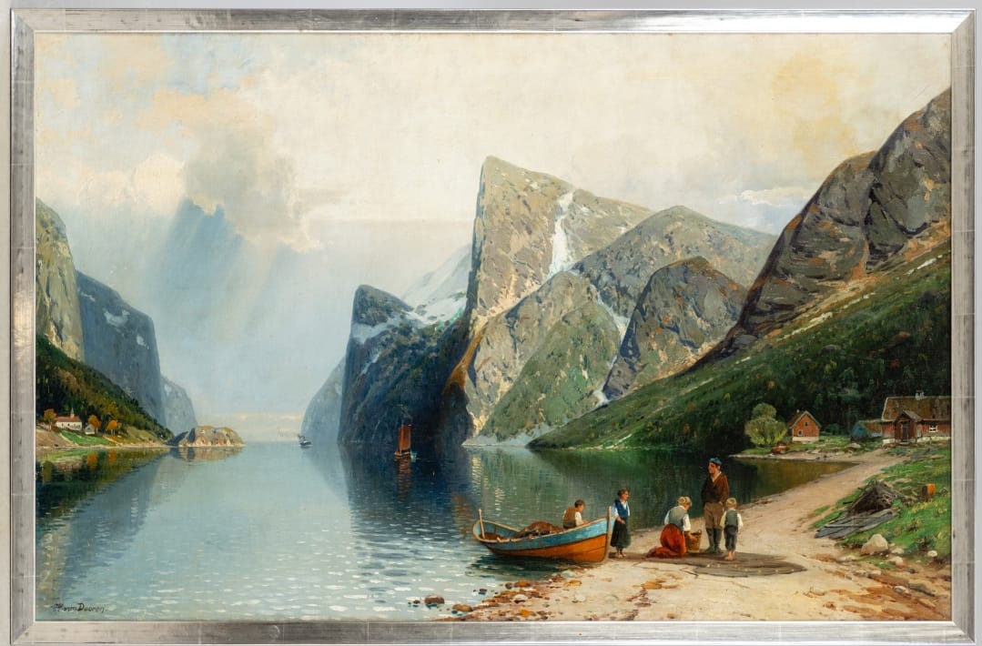 H. VAN DOOREN s.XIX Óleo sobre lienzo montado sobre tablero de fibra Paisaje Fiordos Noruegos 68 x 104 cm, con marco ca. 71,5cm x 109 cm