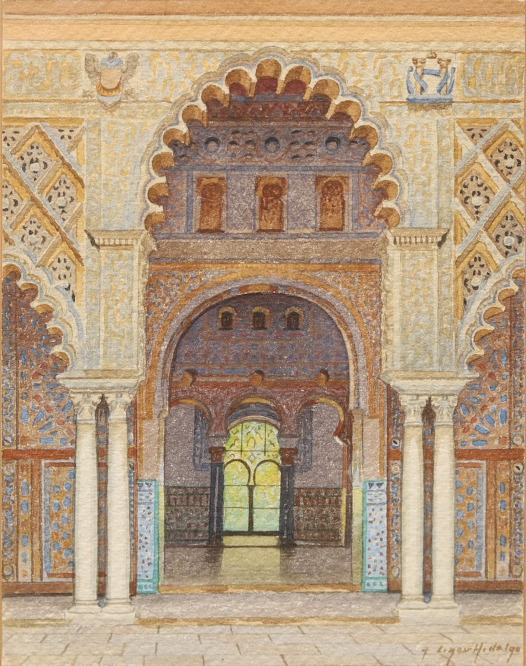 FERNANDO LIGER HIDALGO (1880-1945) Acuarela Interior del Alcázar Sevilla Enmarcado 25cm x 31cm
